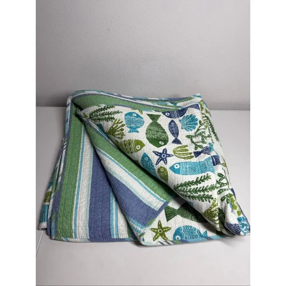 Vintage Sea Life Reversible Cotton Quilt 89”x89” 3 Piece Set See Description